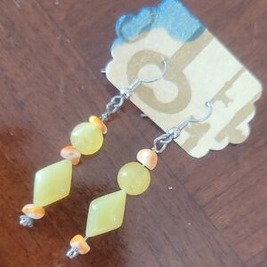 Lemon Yellow Bead Drop Earrings with Orange Accents